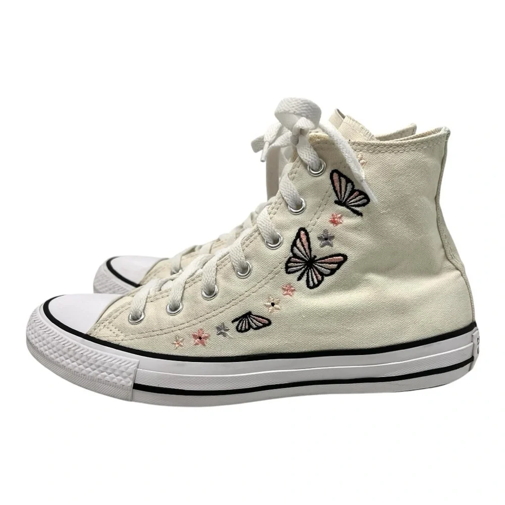 Converse Kids High Top Boots in Cream with Black and Pink Butterfly Embroidery